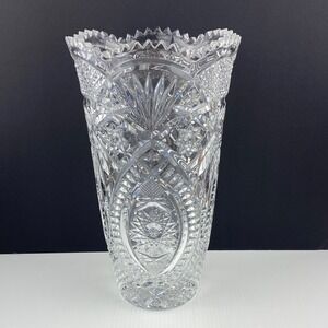 Lead Crystal Vase 11 inch Scallop Top Etched Sides